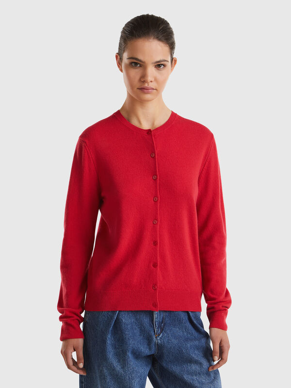 Red plum crew neck cardigan in pure Merino wool Women