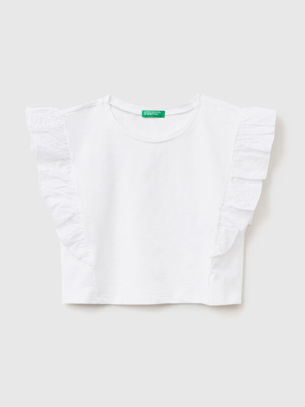 T-shirt with broderie anglaise ruffle