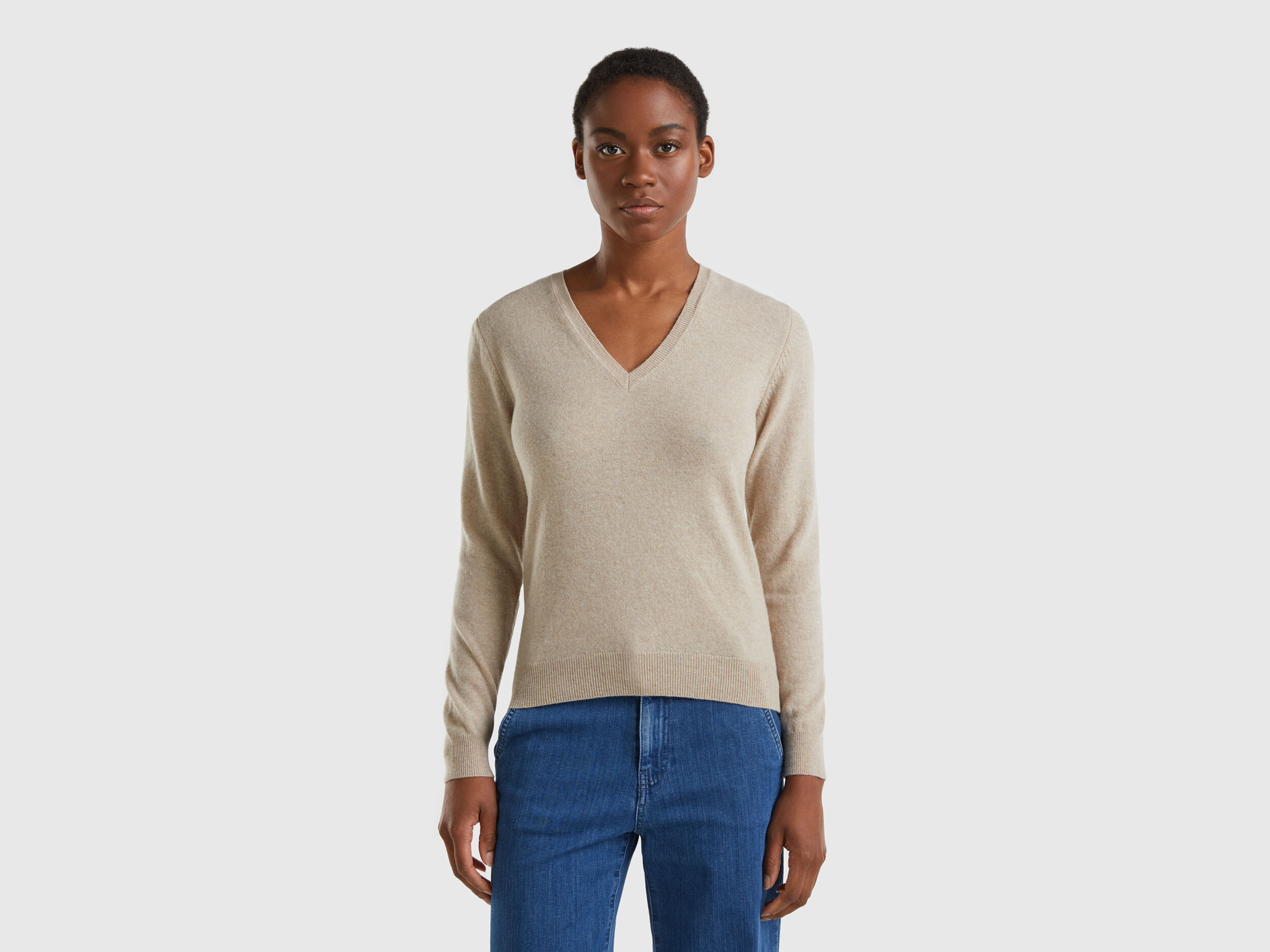 Beige V neck sweater in pure Merino wool Beige Benetton