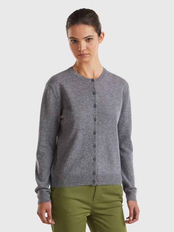 Gray crew neck cardigan in pure Merino wool Women