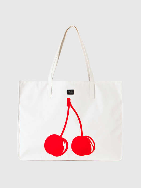 White tote bag with cherry print Women