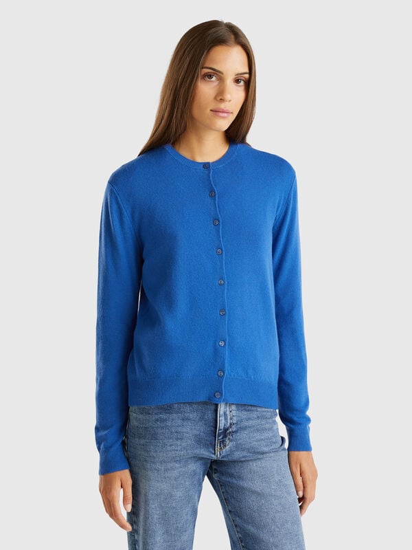 Air force blue crew neck cardigan in pure Merino wool Women