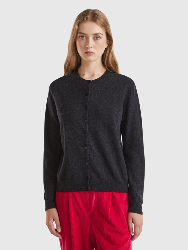 Charcoal gray crew neck cardigan in pure Merino wool Women