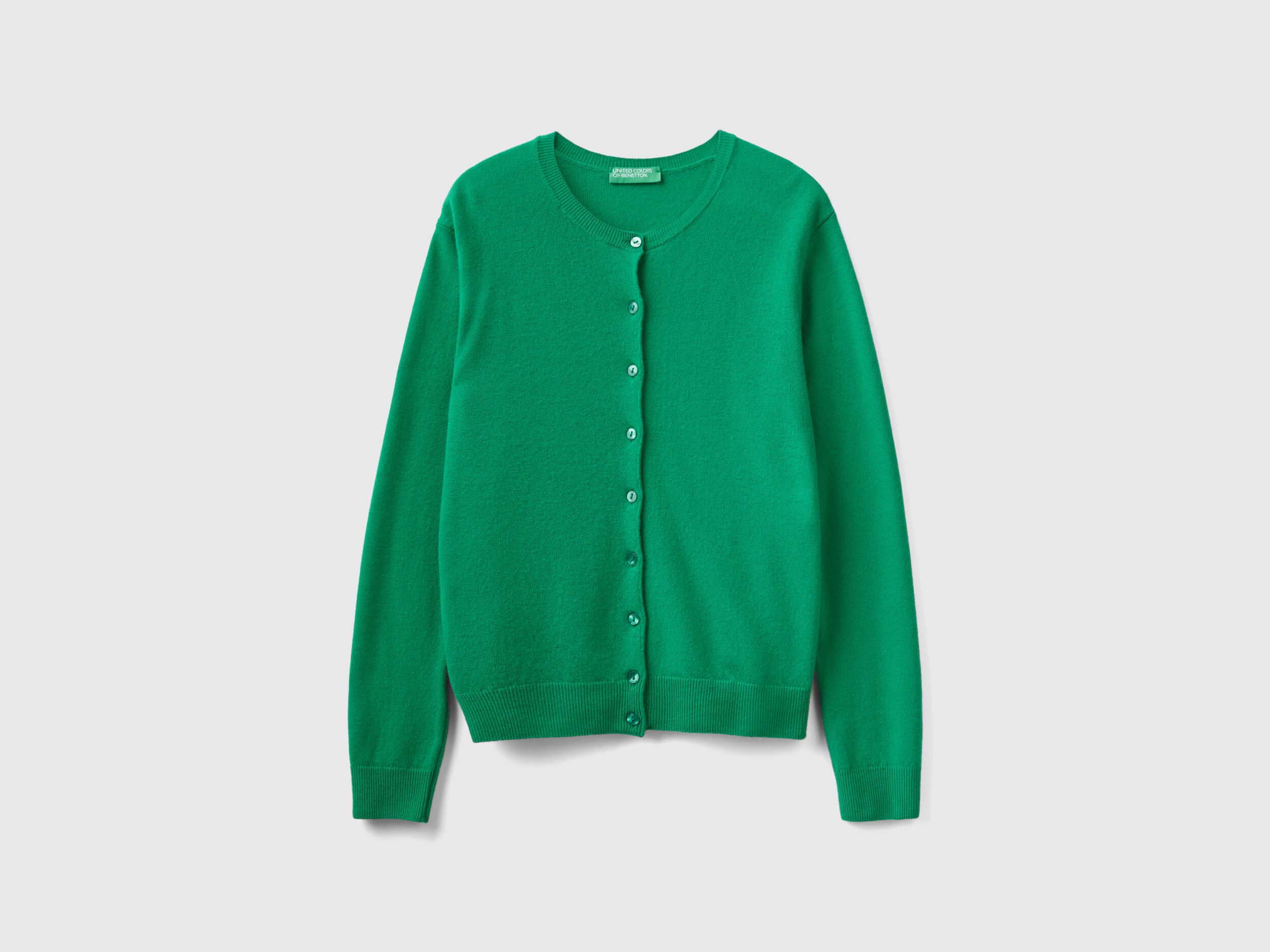 Green crew neck cardigan in pure Merino wool Green Benetton