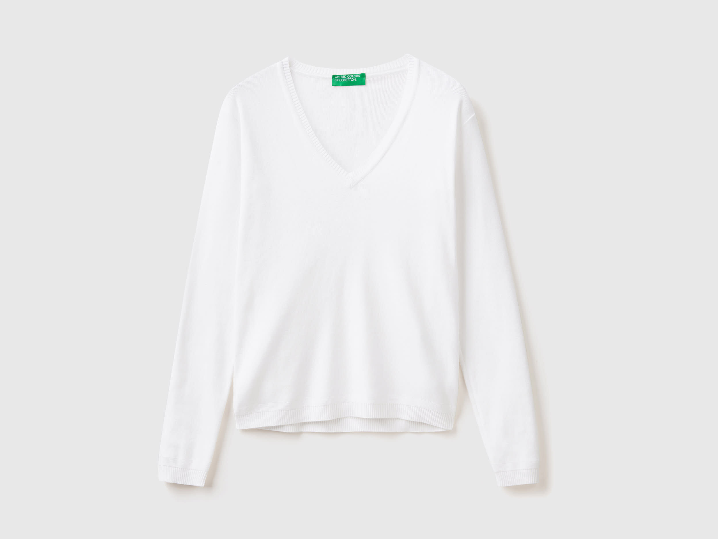 V neck sweater in pure cotton White Benetton