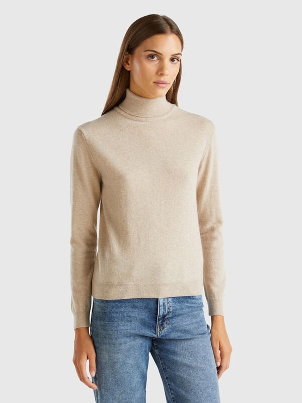 Beige turtleneck sweater in pure Merino wool Women