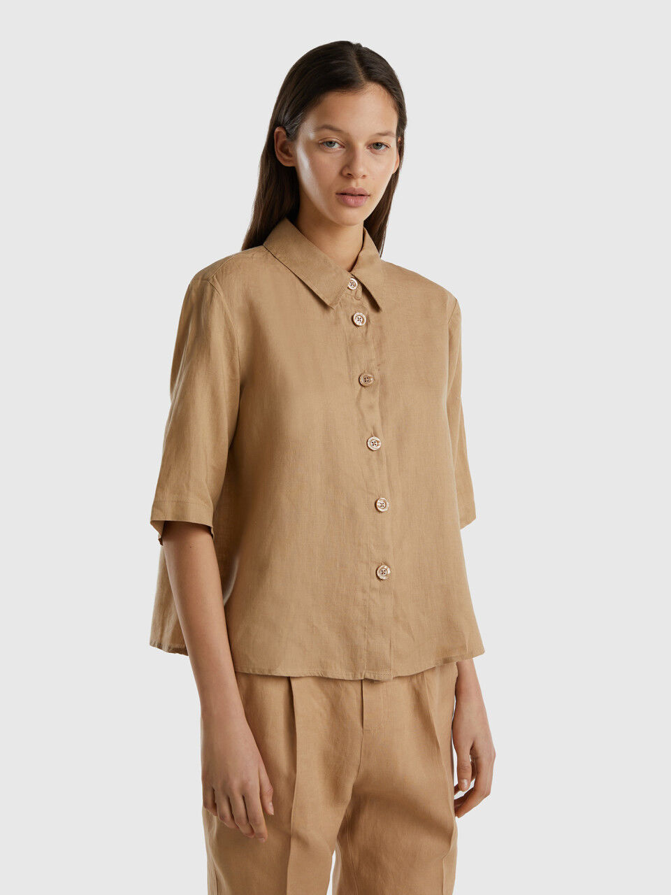 Palazzo trousers in 100 linen Camel Benetton