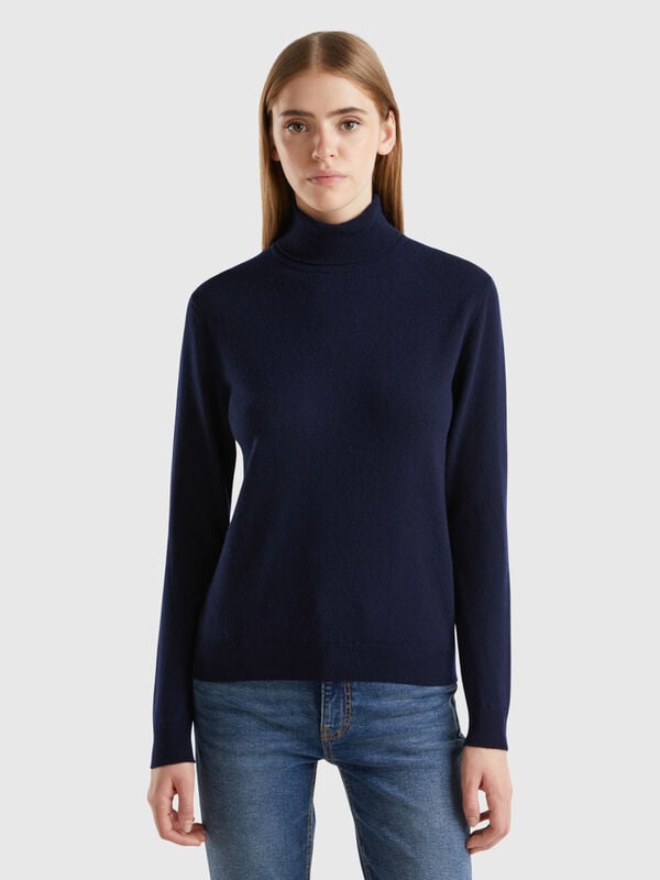 Dark blue turtleneck sweater in pure Merino wool Women