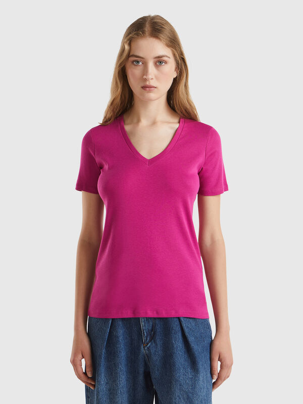Pure cotton t-shirt with V-neck Women