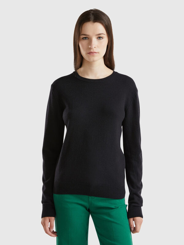 Black crew neck sweater in Merino wool Women