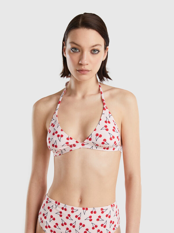 Pink triangle bikini top with cherry pattern Women