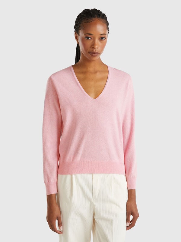 Marl pink V-neck sweater in pure Merino wool Women