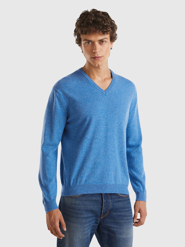 Marl blue V-neck sweater in pure Merino Wool Men