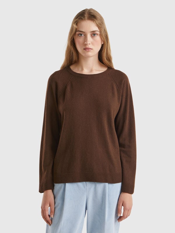 Dark brown crew neck sweater in wool and cashmere blend Women