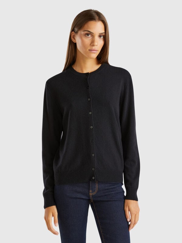 Black crew neck cardigan in pure Merino wool Women