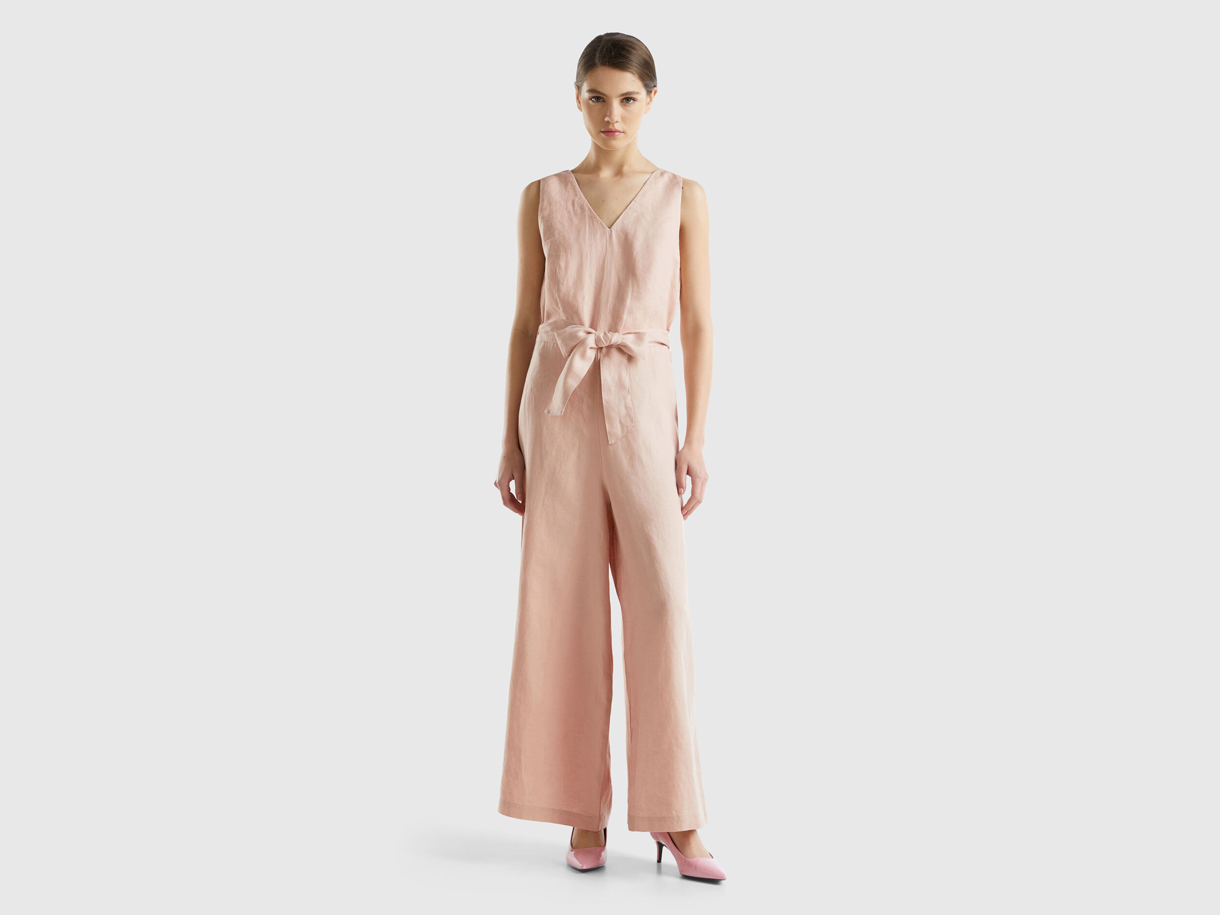 Jumpsuit in pure linen, Soft Pink - Benetton