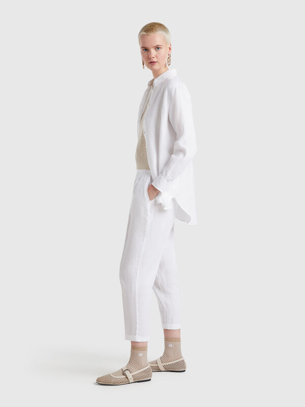 Cropped trousers in 100% linen Women