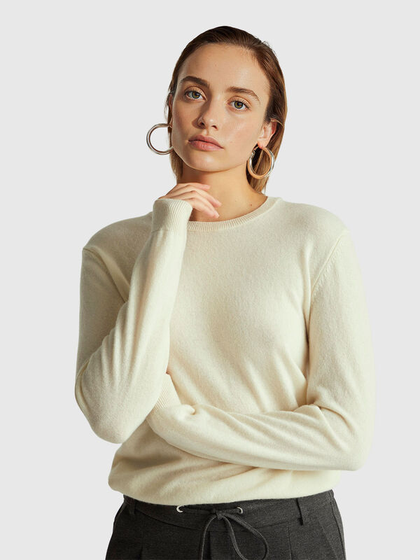 Cream crew neck sweater in pure Merino wool Women