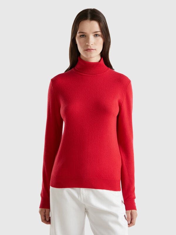 Red plum turtleneck sweater in pure Merino wool Women
