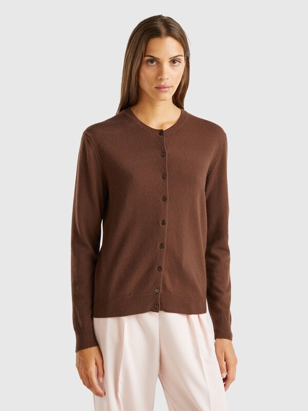 Dark brown crew neck cardigan in pure Merino wool Women