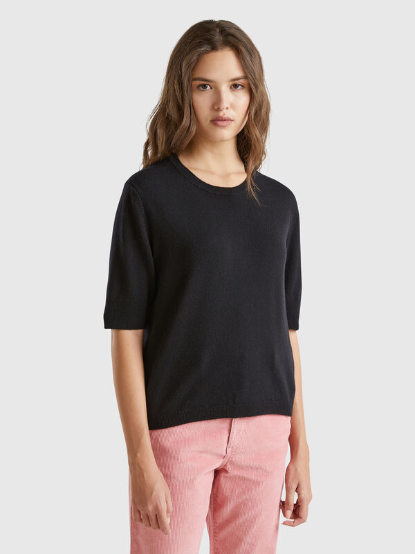 Black short sleeve sweater in pure Merino wool Women