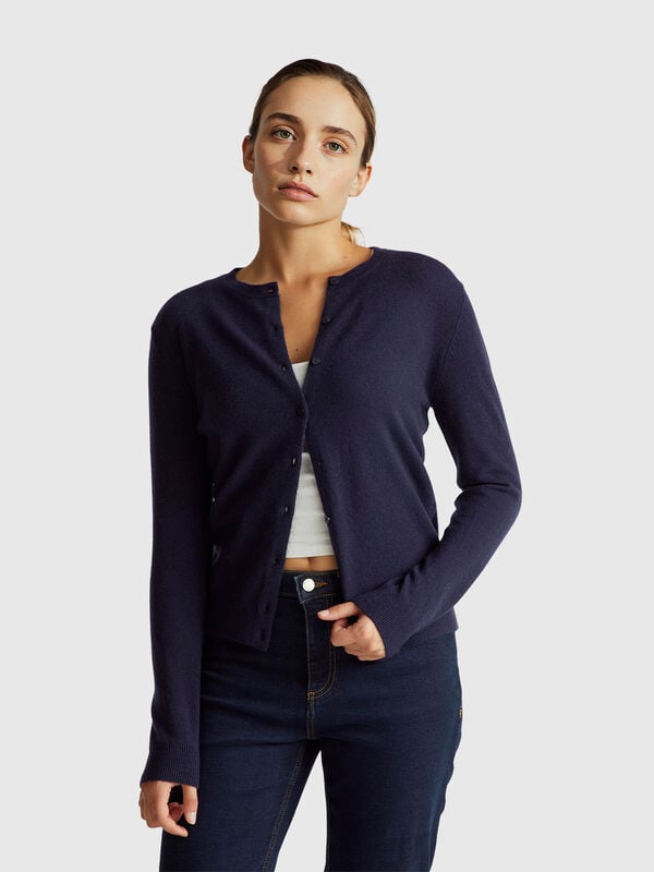 Dark blue crew neck cardigan in pure Merino wool Women