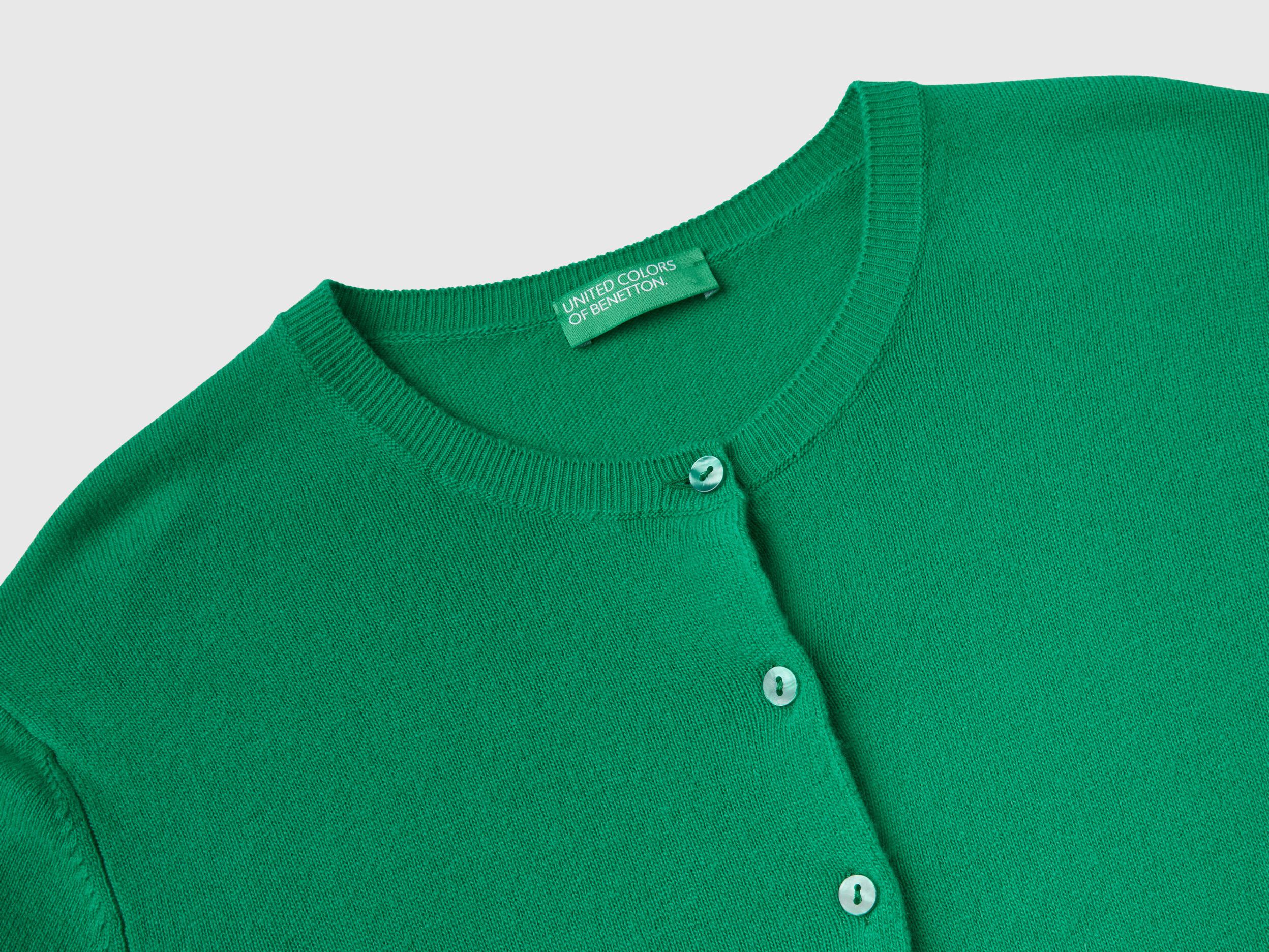 Green crew neck cardigan in pure Merino wool Green Benetton