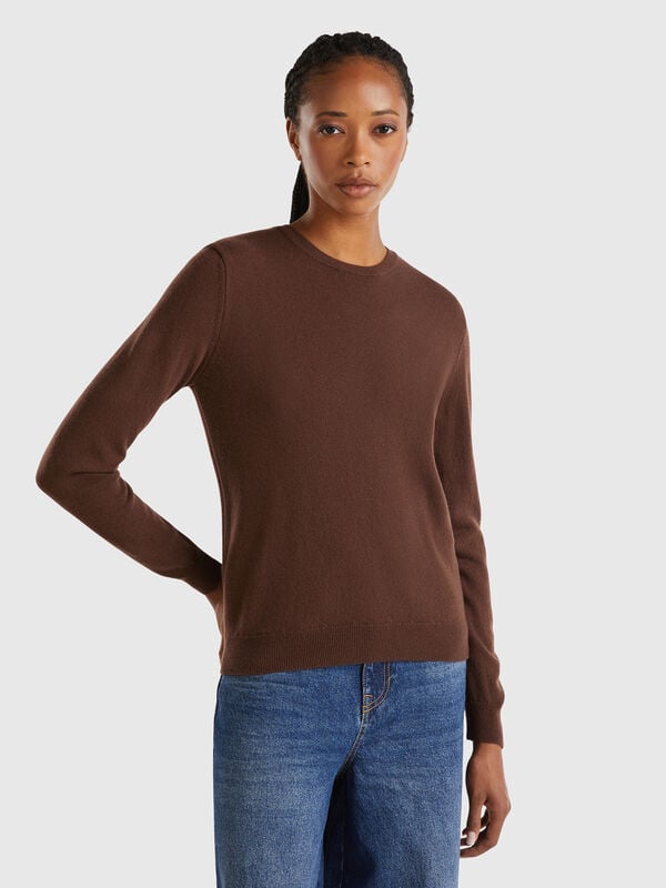 Dark brown crew neck sweater in pure Merino wool Women