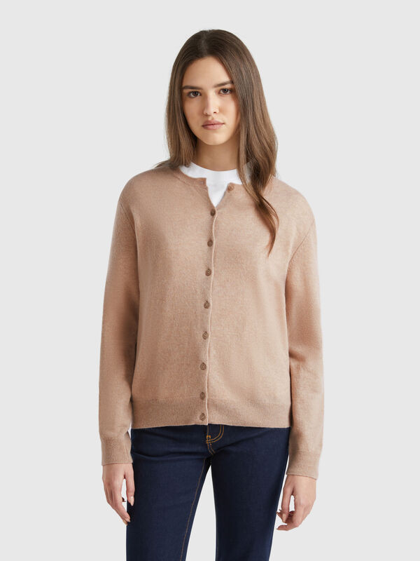 Beige crew neck cardigan in pure Merino wool Women