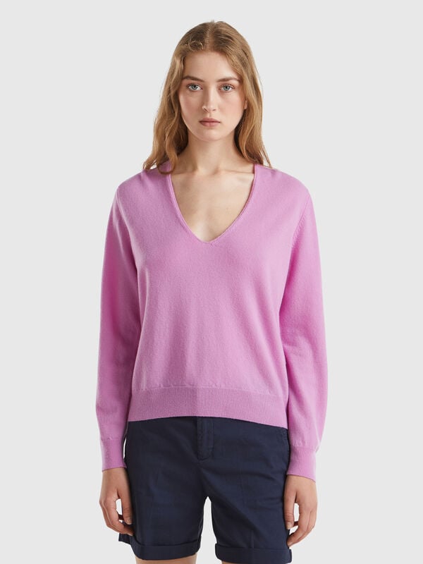 Lilac V-neck sweater in pure Merino wool Women