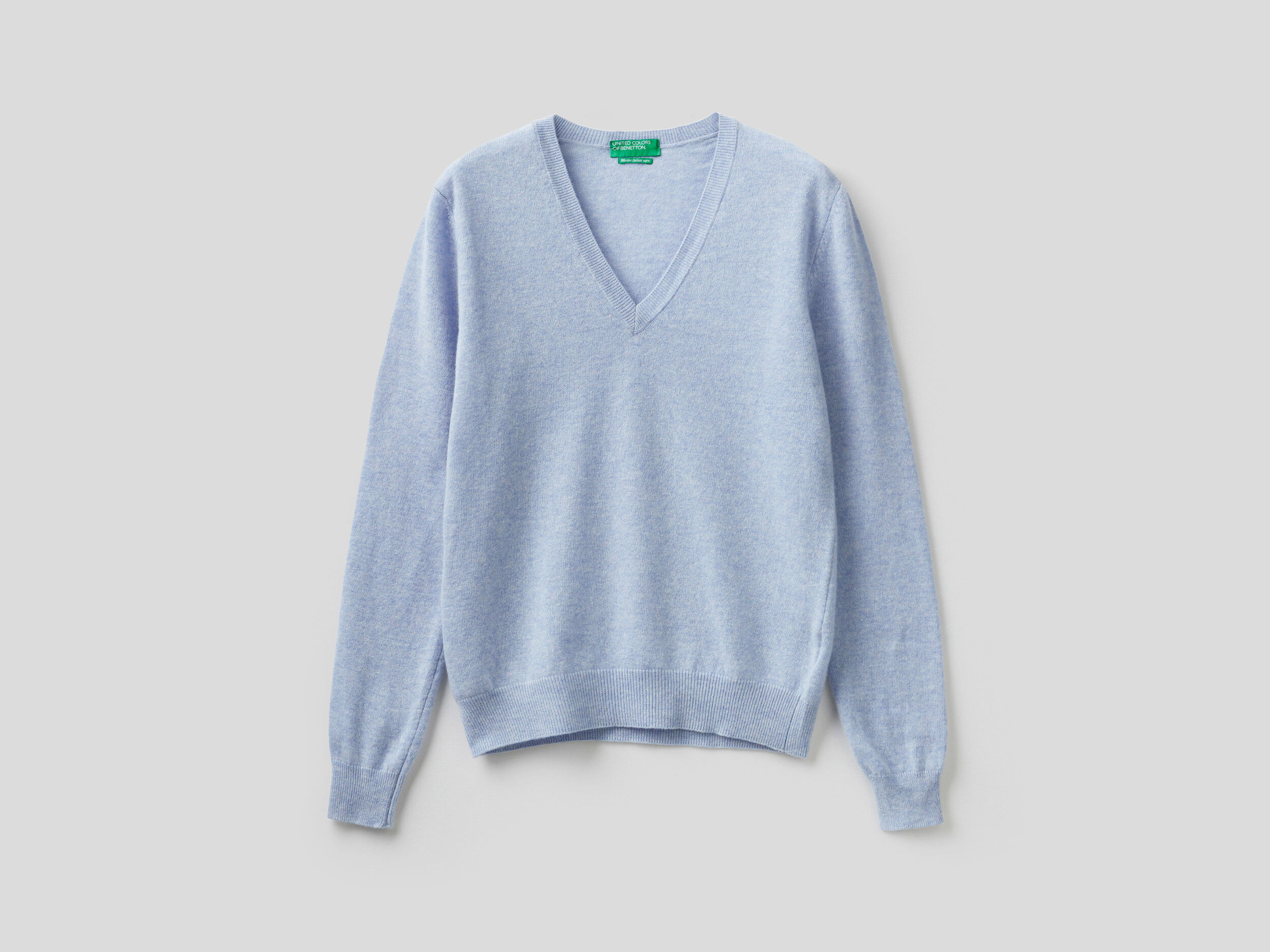 Sky blue V neck sweater in pure Merino wool
