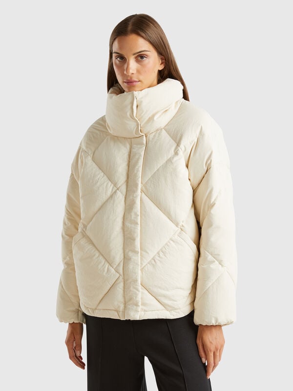 High collar puffer jacket in genuine recycled down Women