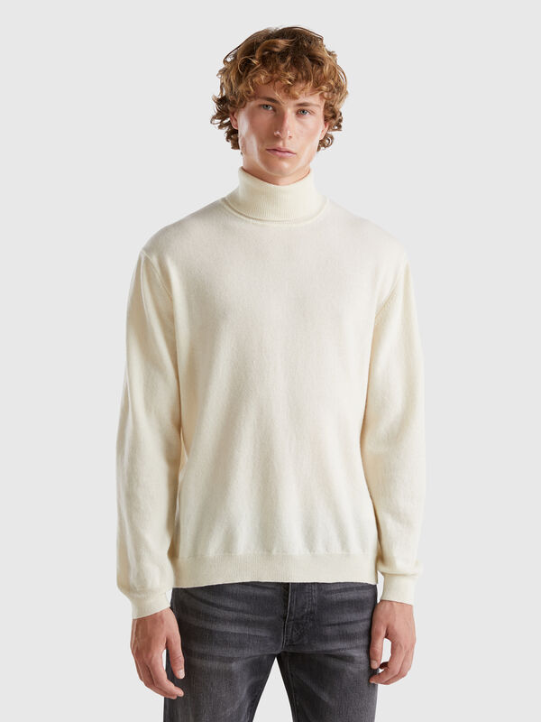Cream white turtleneck in pure Merino wool Men