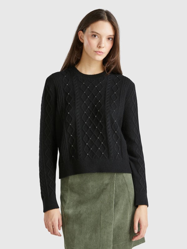 Sweater with cable knit and rhinestones Women