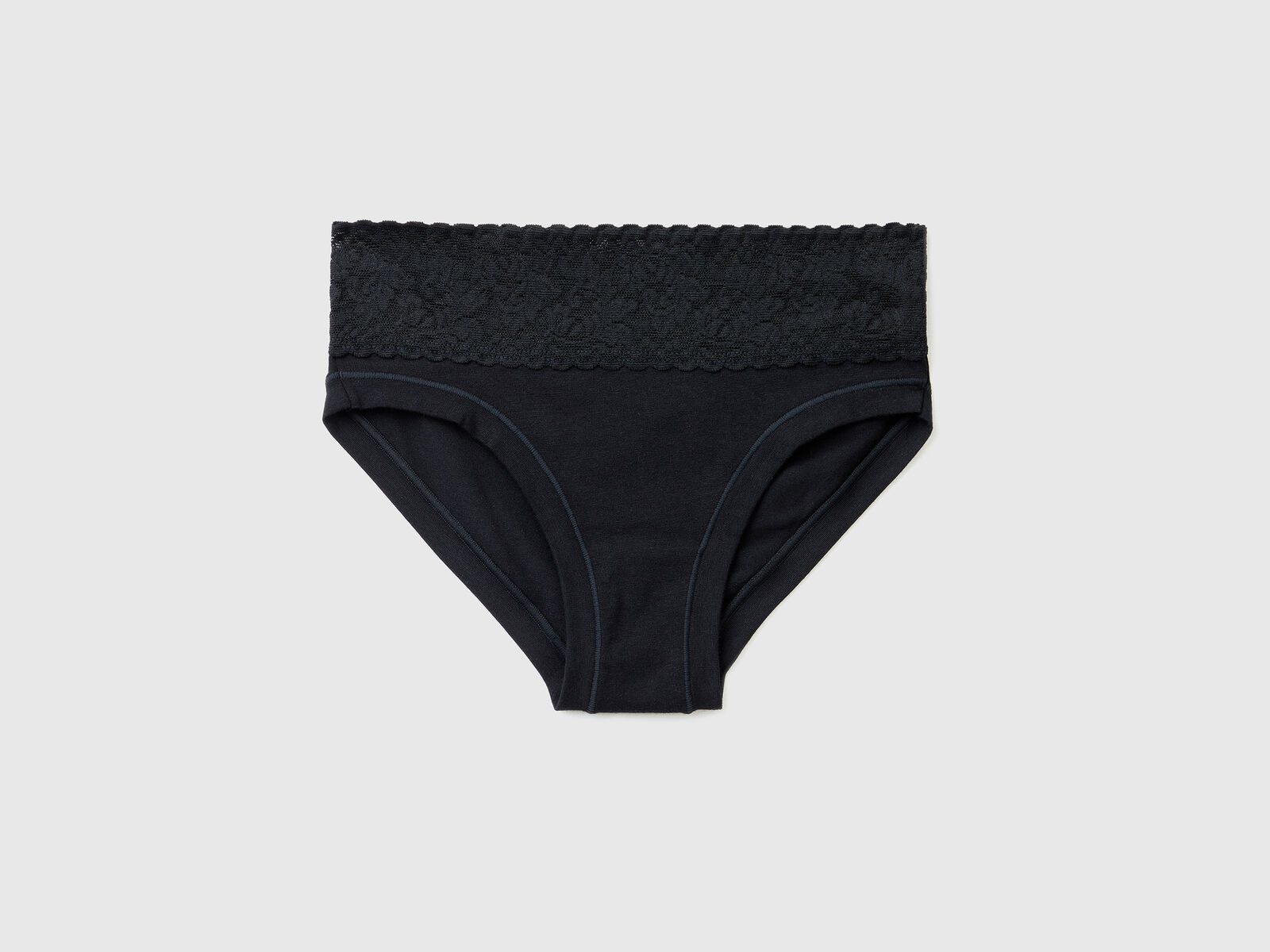 Underwear with lace in super stretch organic cotton, Black - Benetton