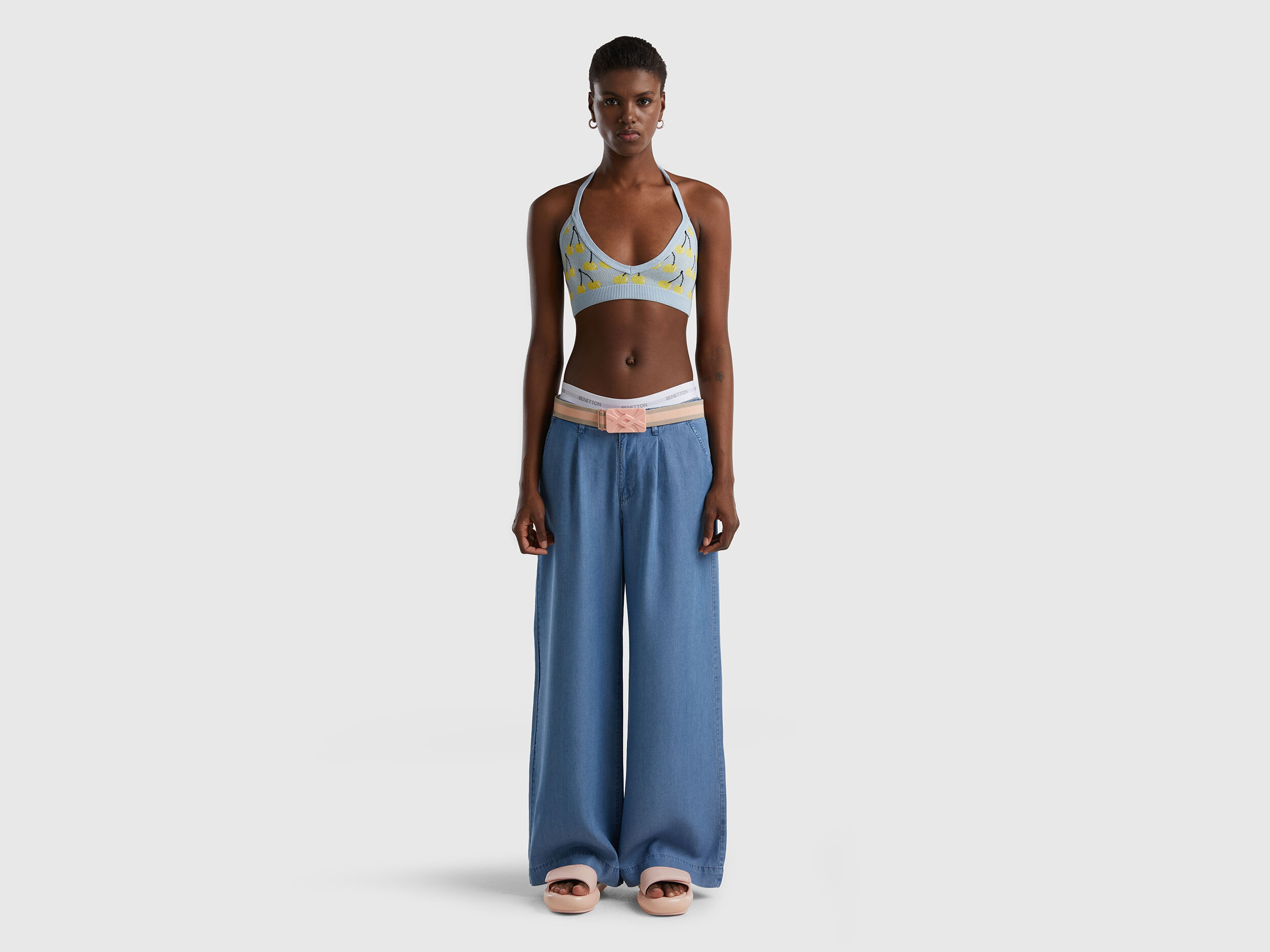 Wide leg trousers in chambray Sky Blue Benetton