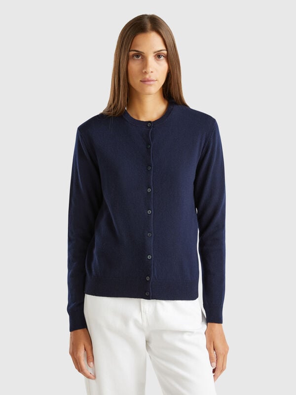 Dark blue crew neck cardigan in pure Merino wool Women