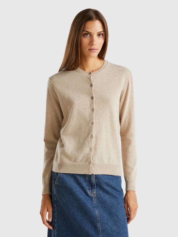 Beige crew neck cardigan in pure Merino wool Women