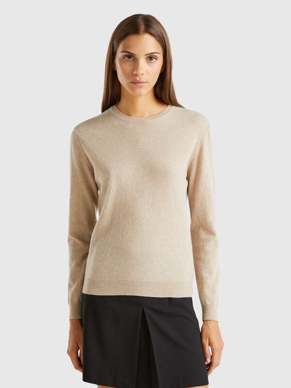 Beige crew neck sweater in pure Merino wool Women