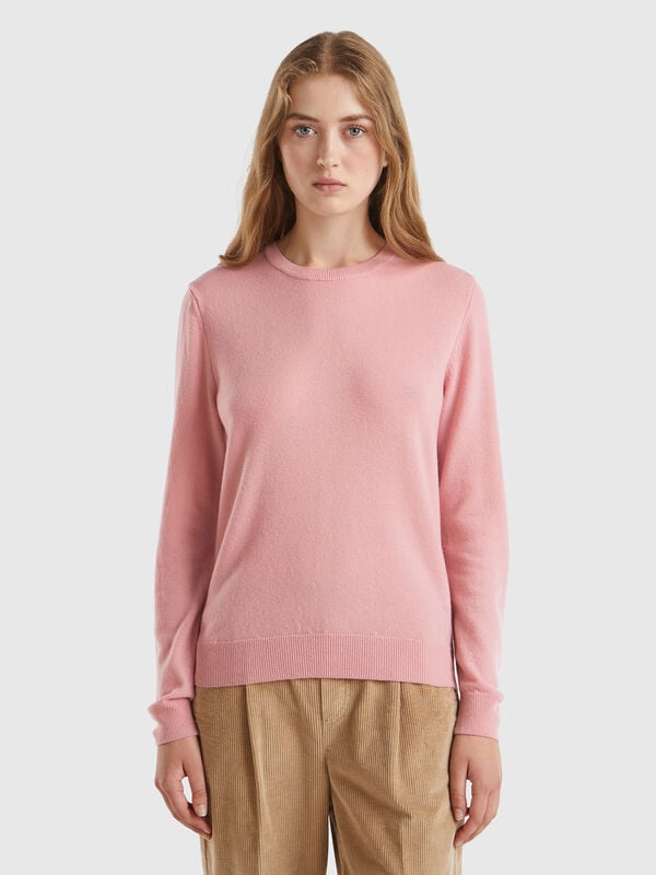Pink crew neck sweater in pure Merino wool Women