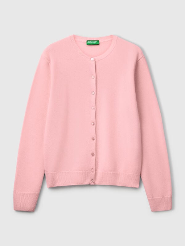 Powder pink crew neck cardigan in pure Merino wool Women