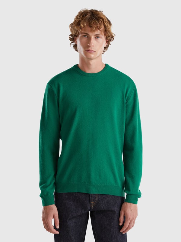 Green crew neck sweater in pure Merino wool Men