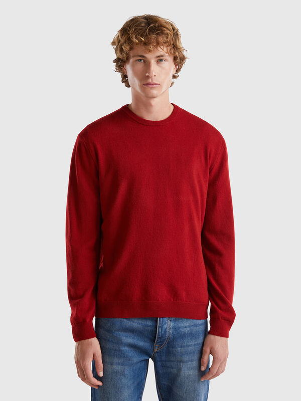 Burgundy crew neck sweater in pure Merino wool Men