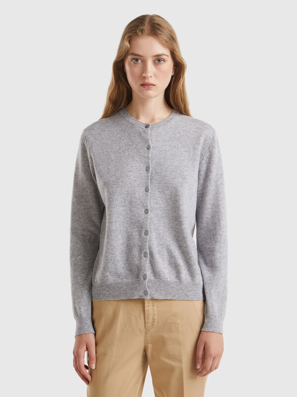 Light gray crew neck cardigan in pure Merino wool Women