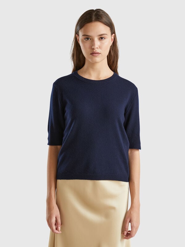 Midnight blue short sleeve sweater in pure Merino wool Women