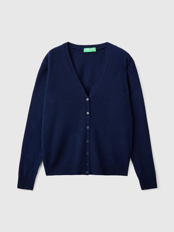 Dark blue V-neck cardigan in pure Merino wool Women