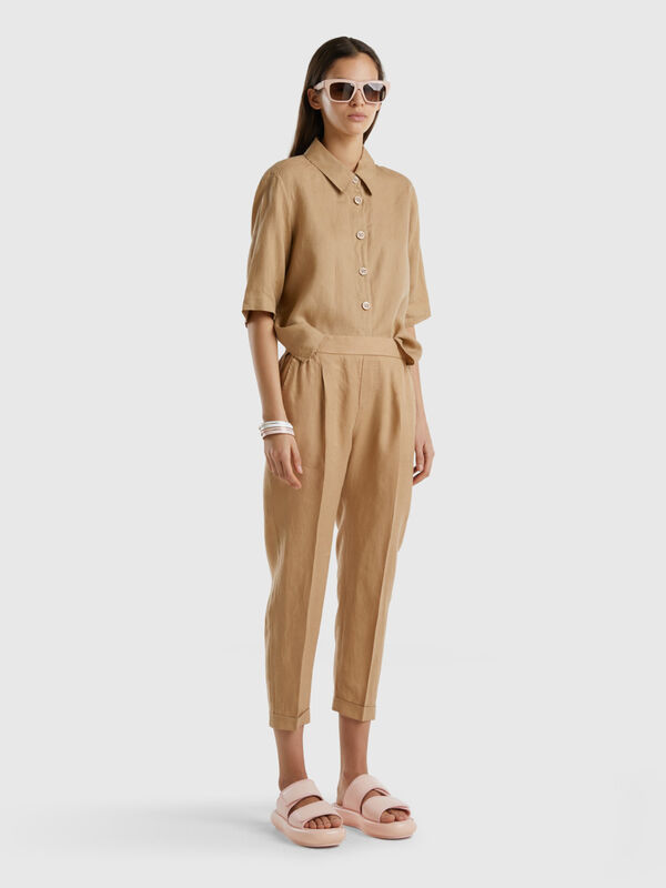 Cropped trousers in 100% linen Women