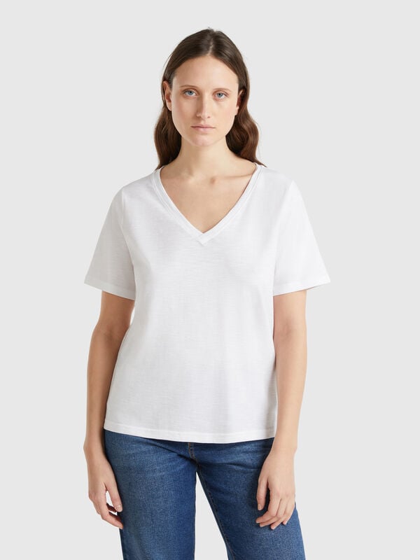 V-neck t-shirt in slub cotton Women