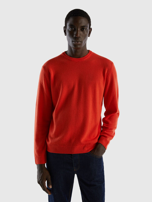 Red crew neck sweater in pure Merino wool Men
