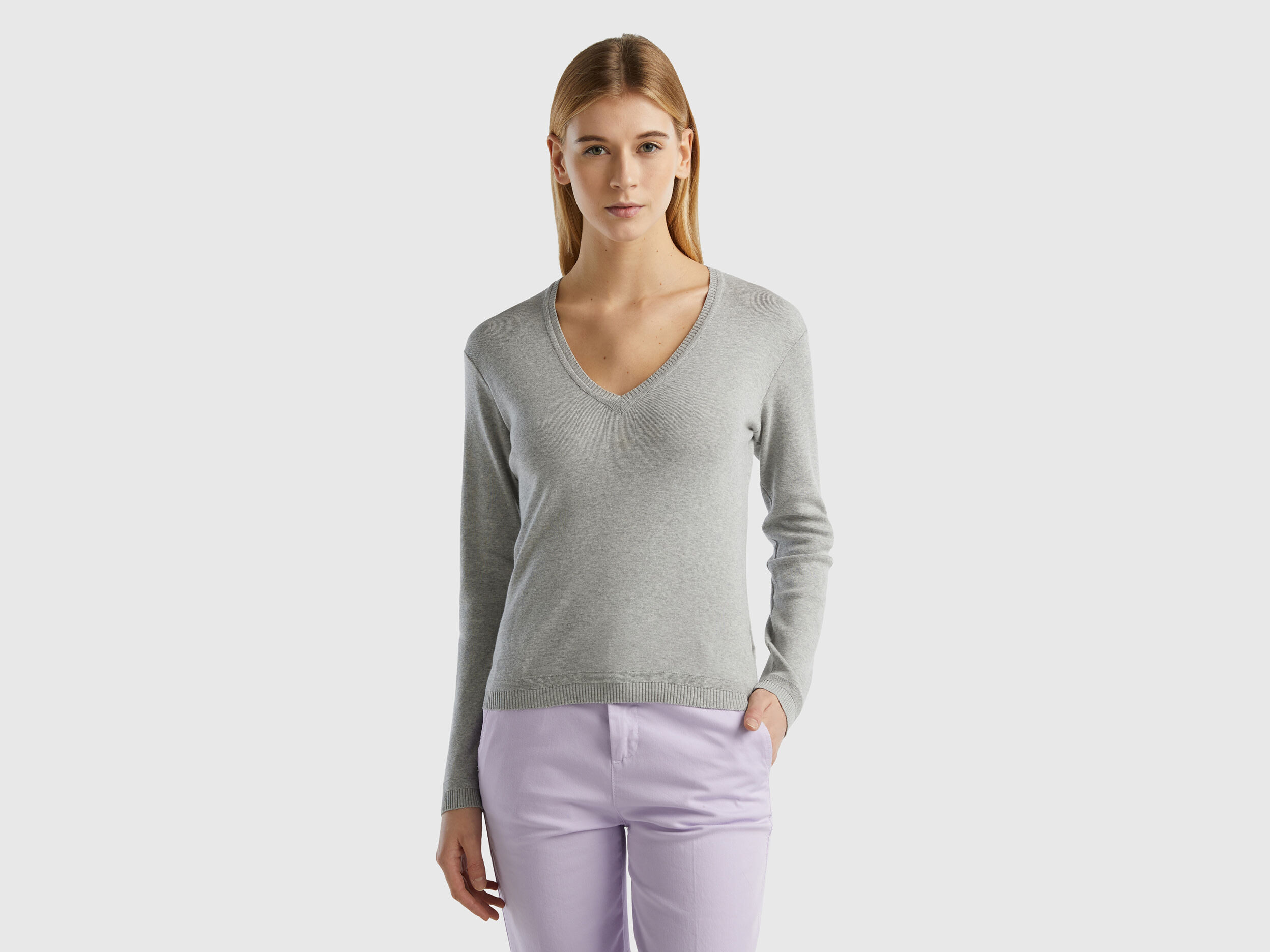 V neck sweater in pure cotton Light Gray Benetton